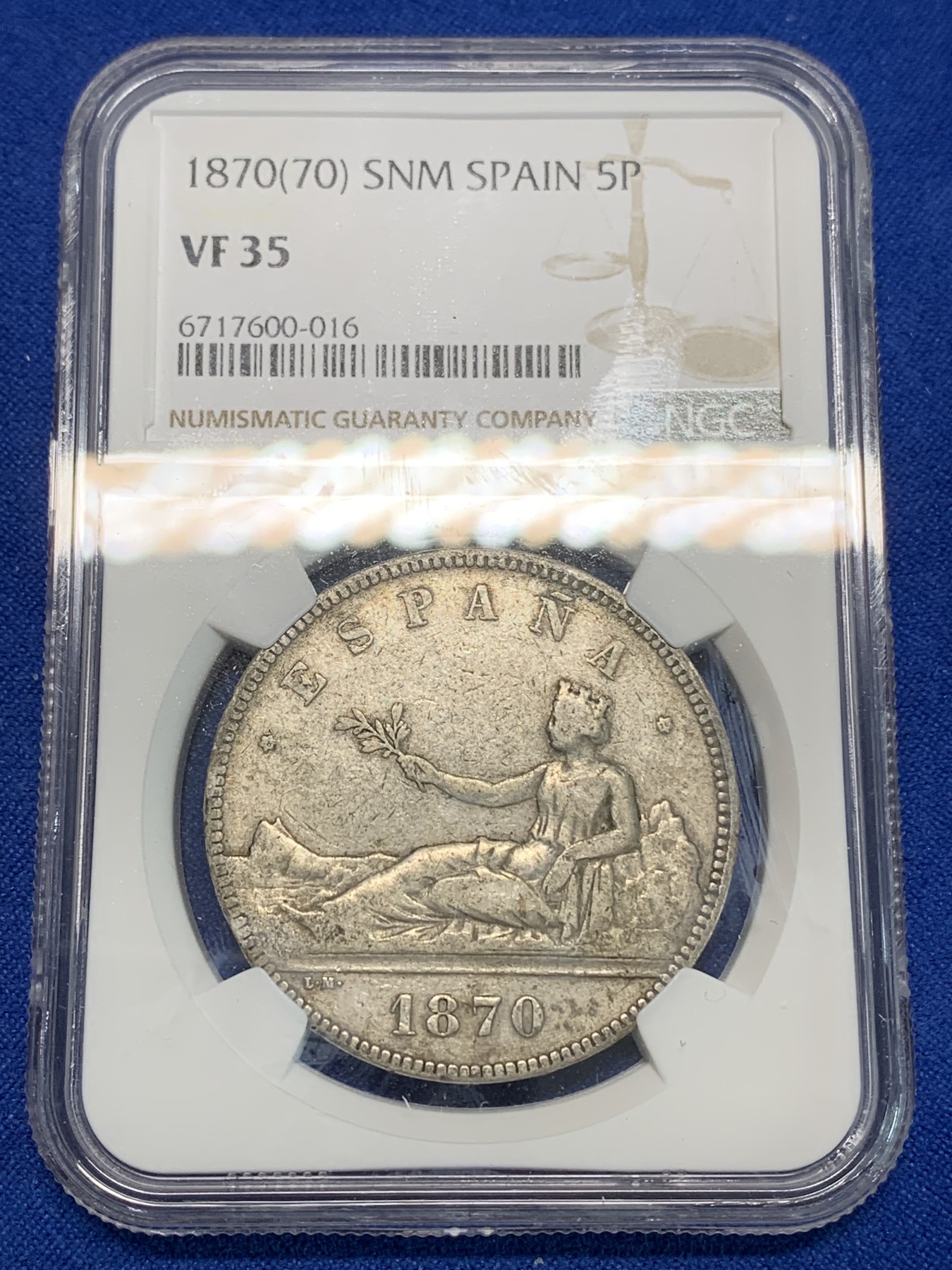 《竞宝斋》第223场-周日，周一 2场 (全场包邮) NGC VF35 西班牙1870年拿花5比塞塔大银币