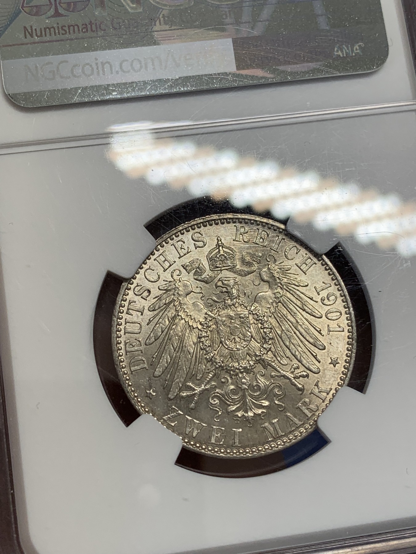 《竞宝斋》第223场-周日，周一 2场 (全场包邮) NGC-MS63 德国 1901年A 普鲁士建国200周年纪念2马克银币。