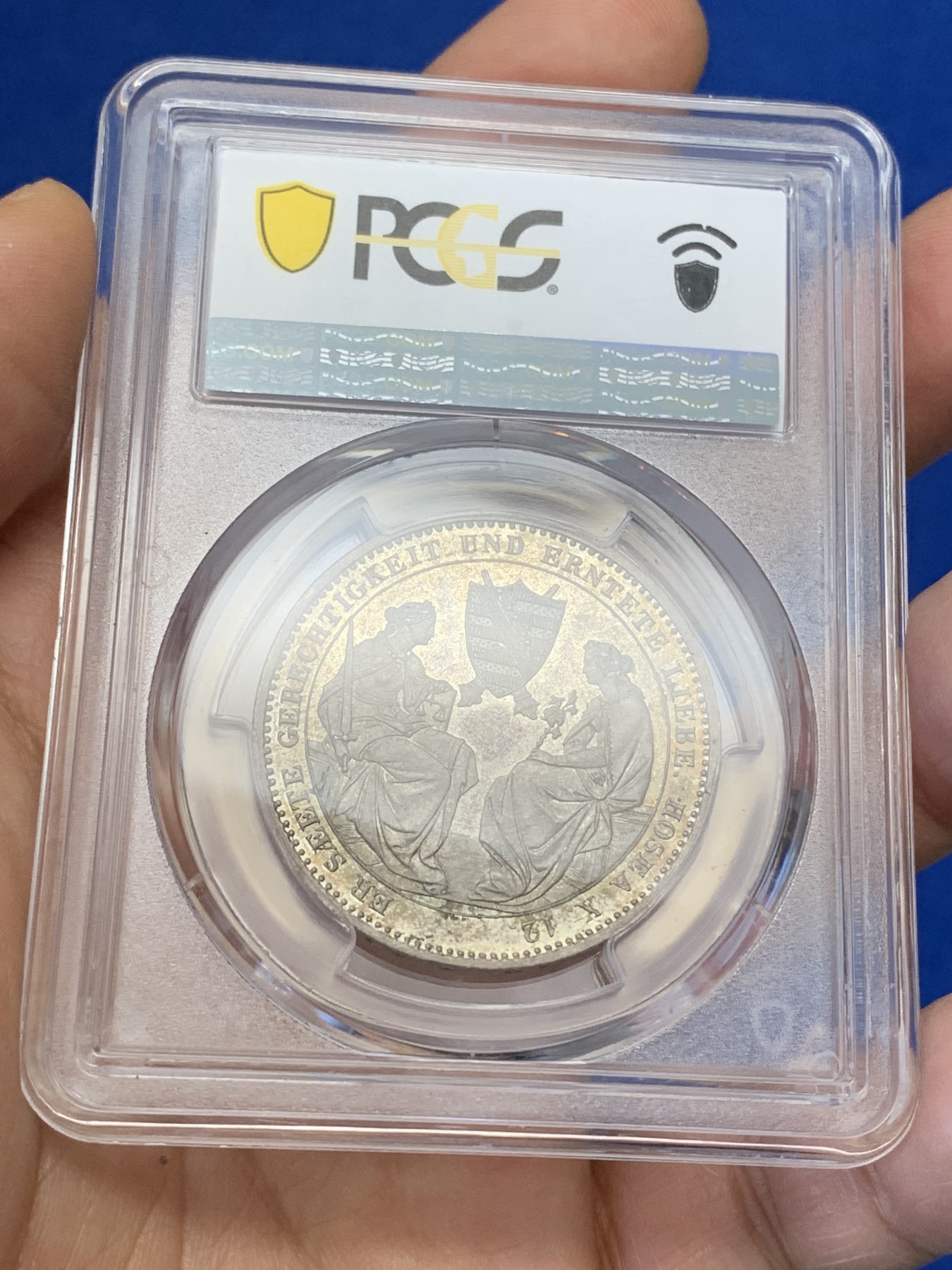 《竞宝斋》第223场-周日，周一 2场 (全场包邮) 亚军分 PCGS MS63 德国 萨克森 1854年 双神1泰勒大银币 枪灰色包浆 底板带光 舒服的状态