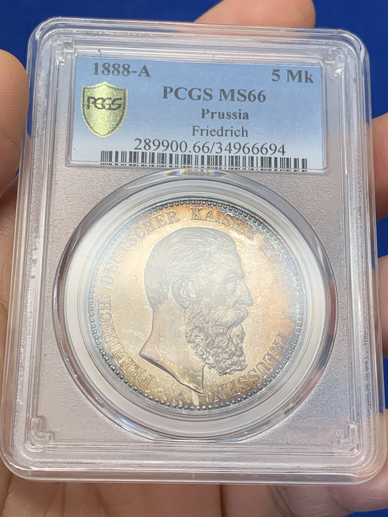 《竞宝斋》第223场-周日，周一 2场 (全场包邮) PCGS MS66 1888三皇年德国普鲁士弗三短翅5马克，顶级高分，顶级爆彩包浆，收藏级精品