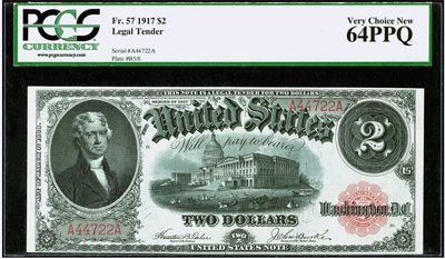 【Blue Auction】✨世界纸币精拍第404期——小精品场 - 【早期fr.57 非常见fr.60 价值更高 而且是AA冠短号】美国 1917年2美金 杰弗逊 白宫大场景 PCGS绿标64EPQ 全新原票 