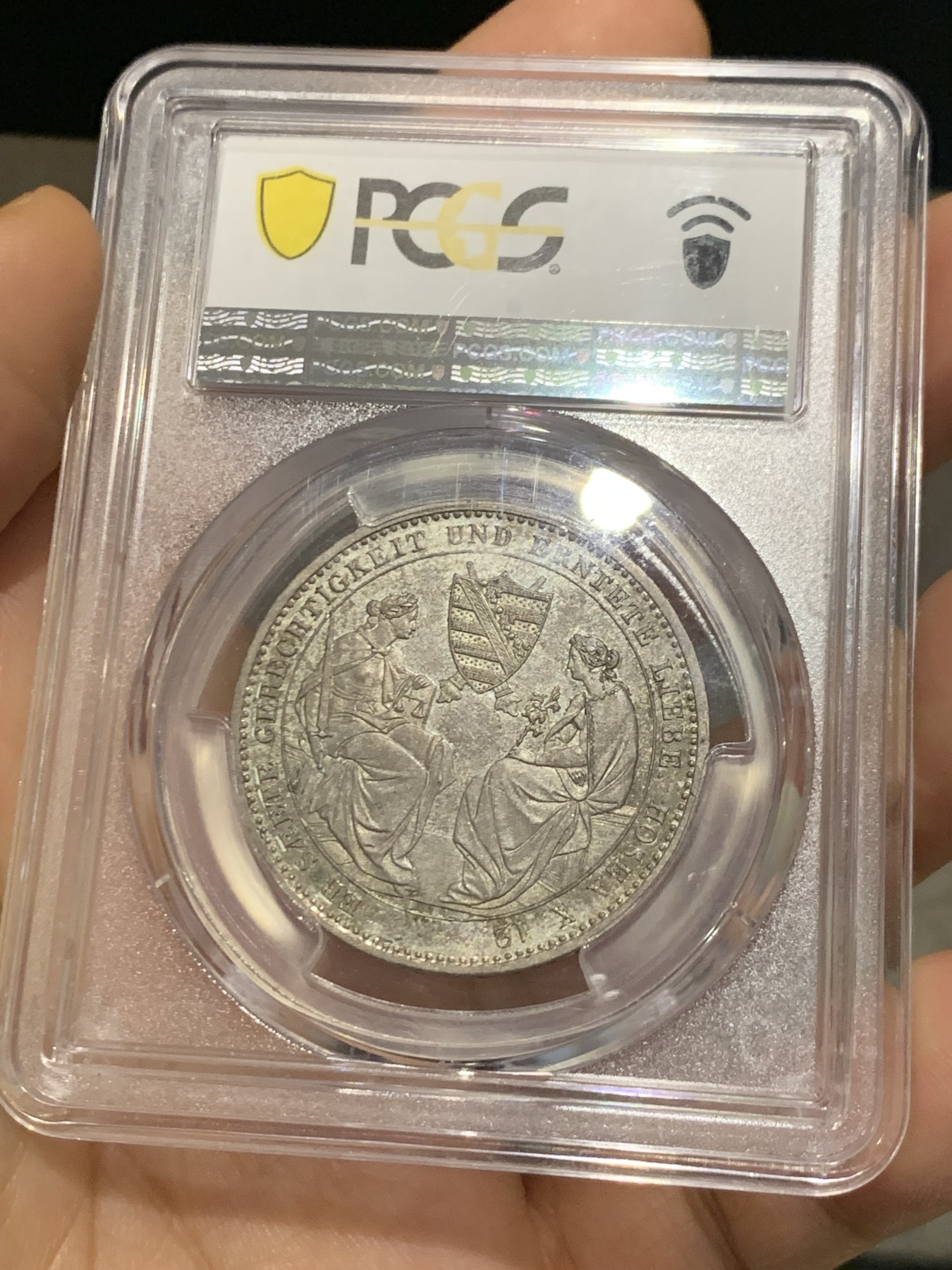 《竞宝斋》第223场-周日，周一 2场 (全场包邮) 亚军分 PCGS MS63 德国 萨克森 1854年 双神1泰勒大银币 枪灰色包浆 底板带光 舒服的状态