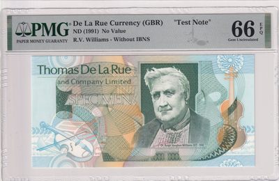 🌗乐淘淘世界纸币拍卖 第33期 测试钞专场🌓 英国德纳罗印钞公司1991年单面雕刻印刷测试钞 R.V.汉克·威廉斯 PMG66EPQ