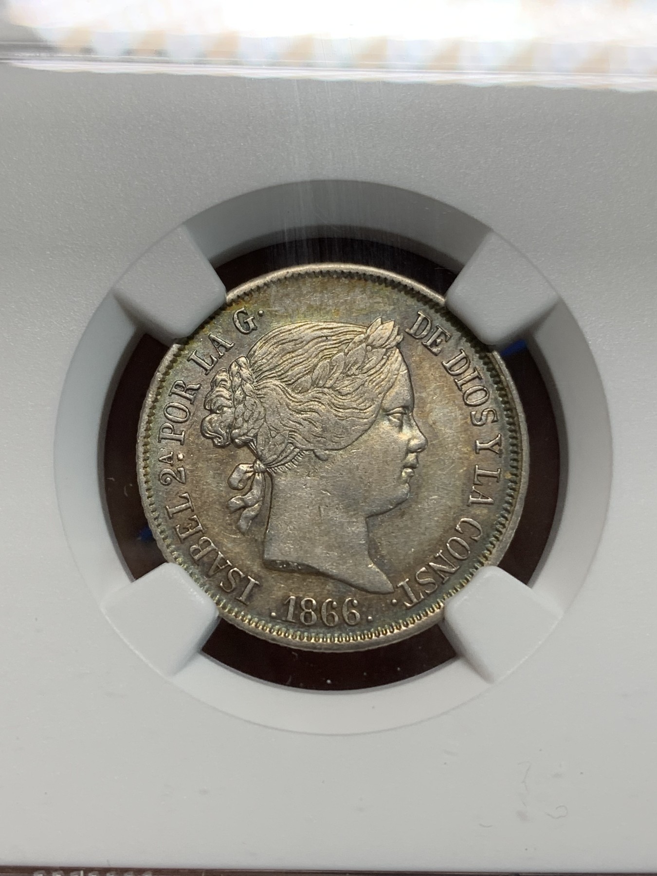 《竞宝斋》第223场-周日，周一 2场 (全场包邮) NGC-AU53 西班牙 1866年 猪头妹伊萨贝拉二世 40分银币 五彩包浆 漂亮