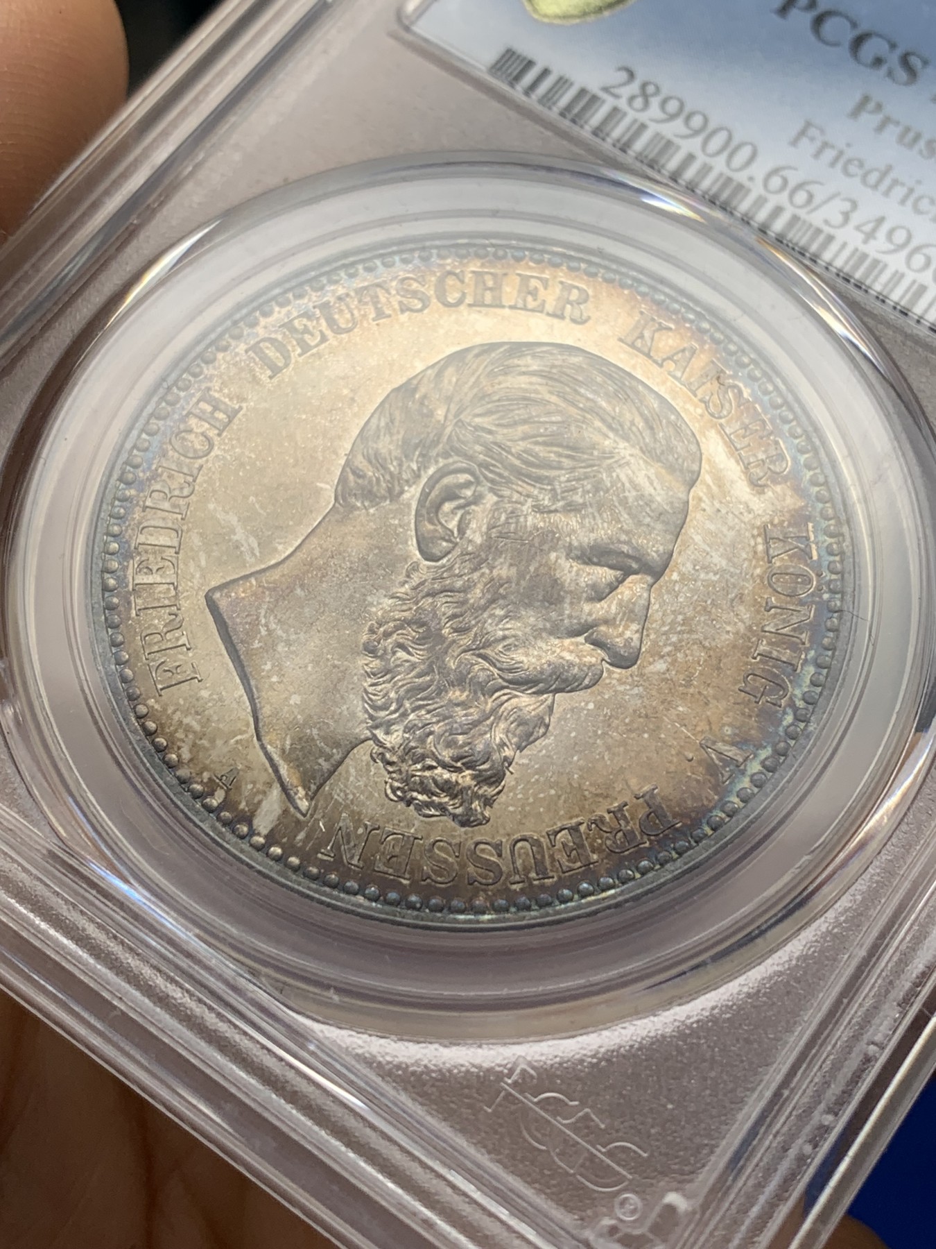 《竞宝斋》第223场-周日，周一 2场 (全场包邮) PCGS MS66 1888三皇年德国普鲁士弗三短翅5马克，顶级高分，顶级爆彩包浆，收藏级精品