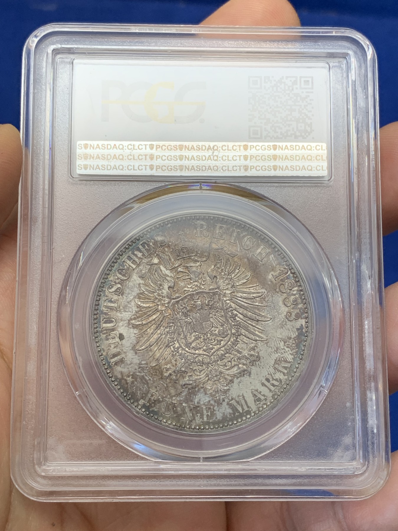 《竞宝斋》第223场-周日，周一 2场 (全场包邮) PCGS MS66 1888三皇年德国普鲁士弗三短翅5马克，顶级高分，顶级爆彩包浆，收藏级精品