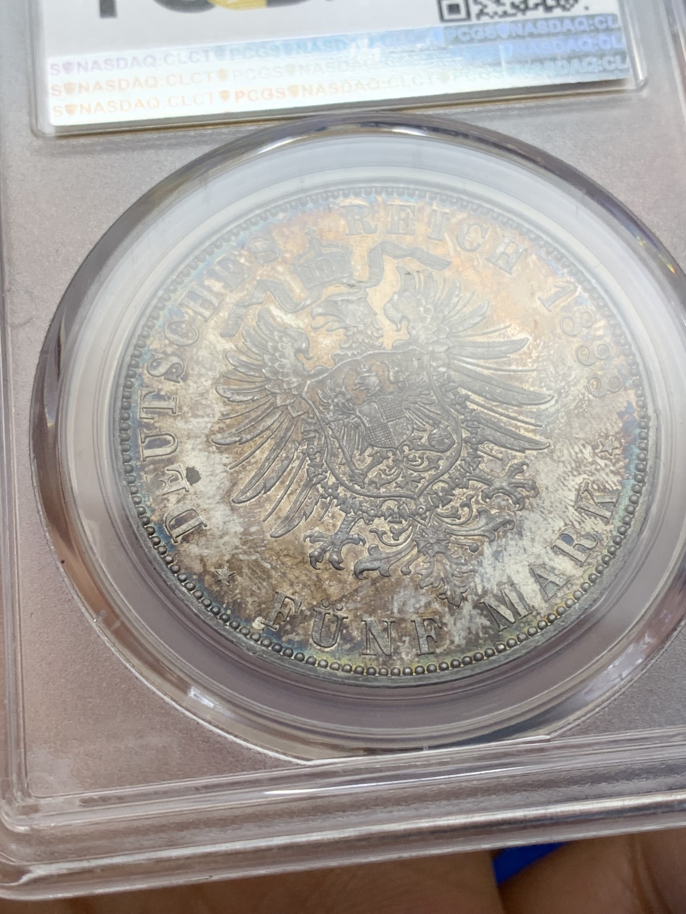 《竞宝斋》第223场-周日，周一 2场 (全场包邮) PCGS MS66 1888三皇年德国普鲁士弗三短翅5马克，顶级高分，顶级爆彩包浆，收藏级精品