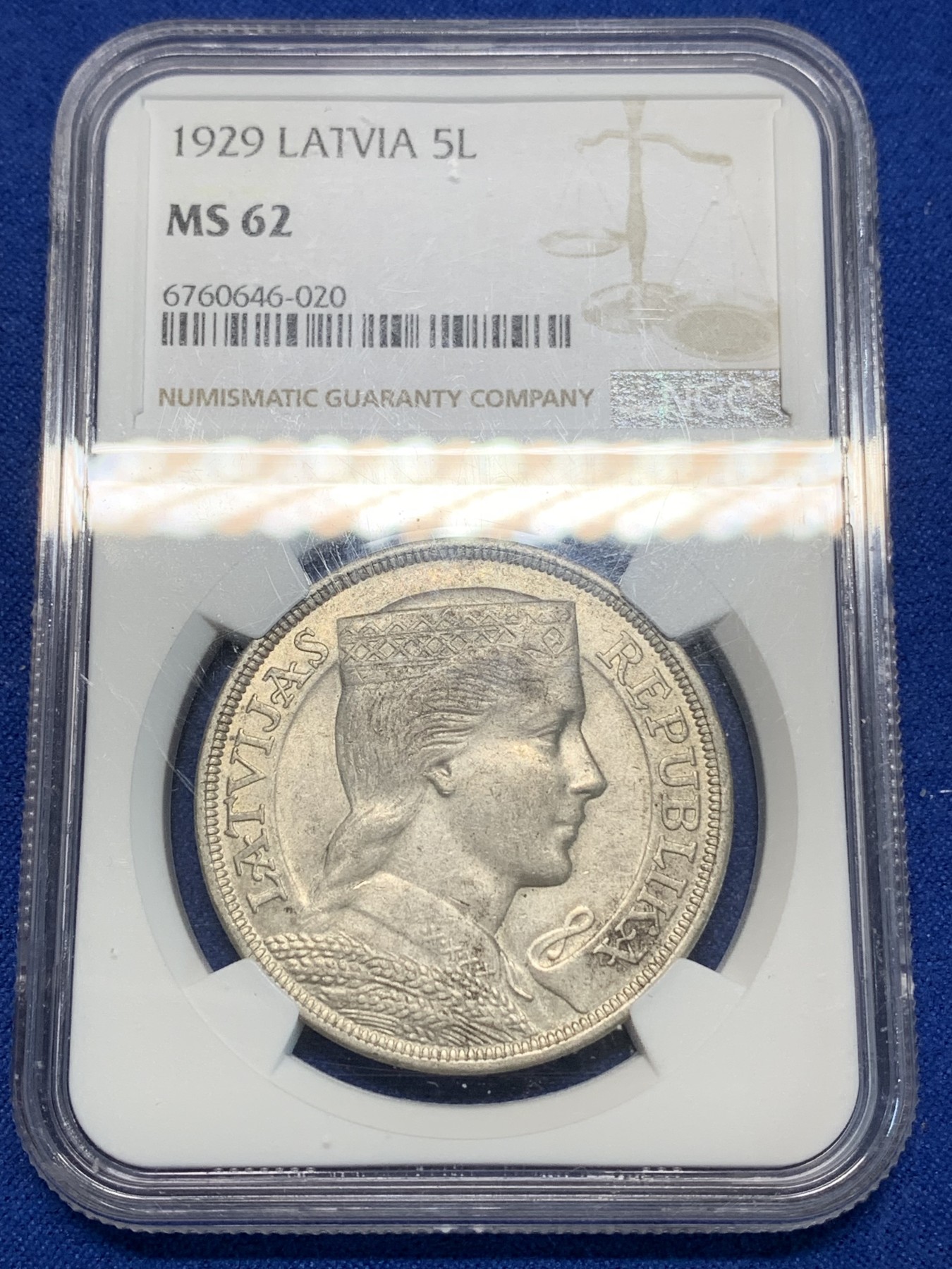 《竞宝斋》第223场-周日，周一 2场 (全场包邮) NGC-MS62 拉脱维亚 1929年首年谷物女神 5拉特大银币 小特年。
