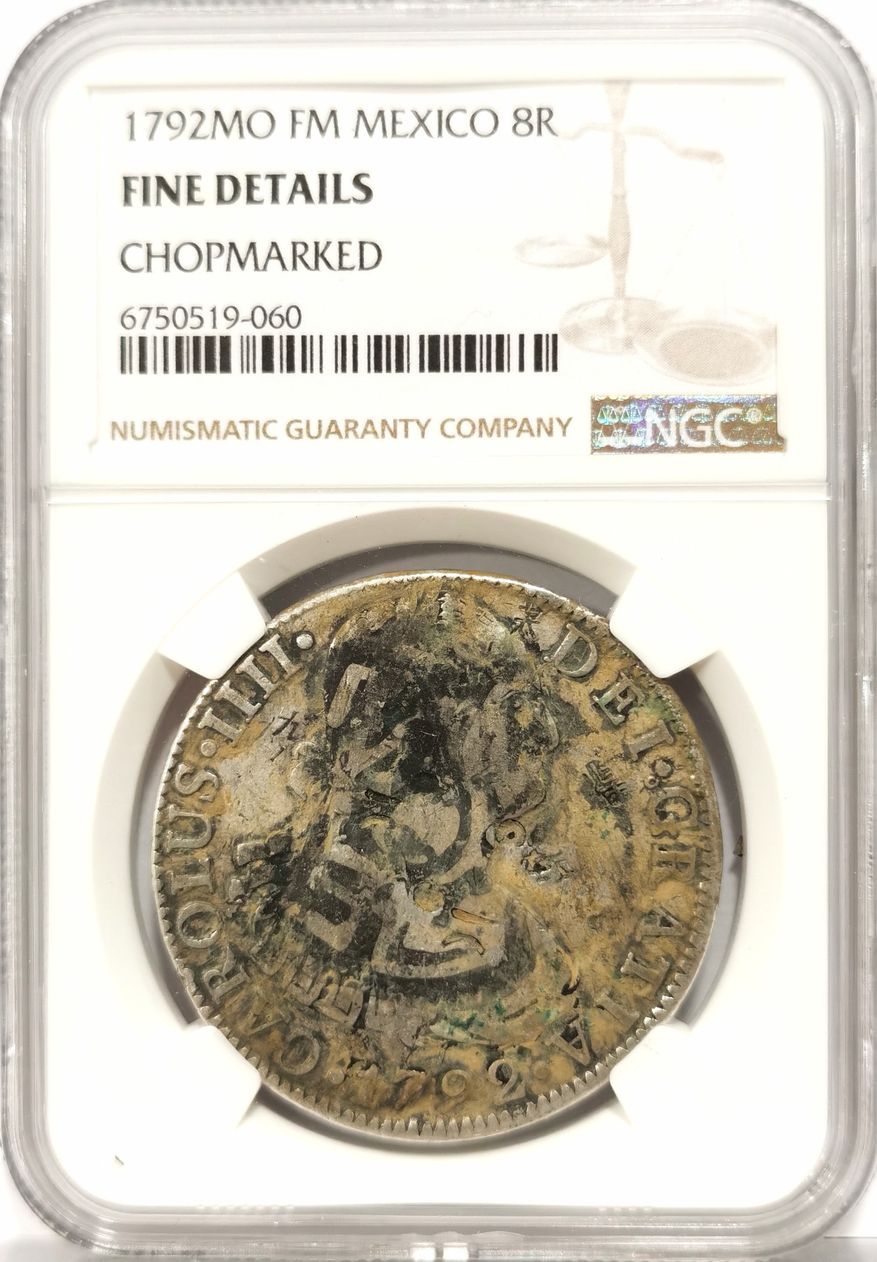 博洋堂世界钱币拍卖第056期（全场包邮） NGC Fine 西属墨西哥1792年MO FM卡洛斯四世双柱银币，原味墨戳叠加字戳