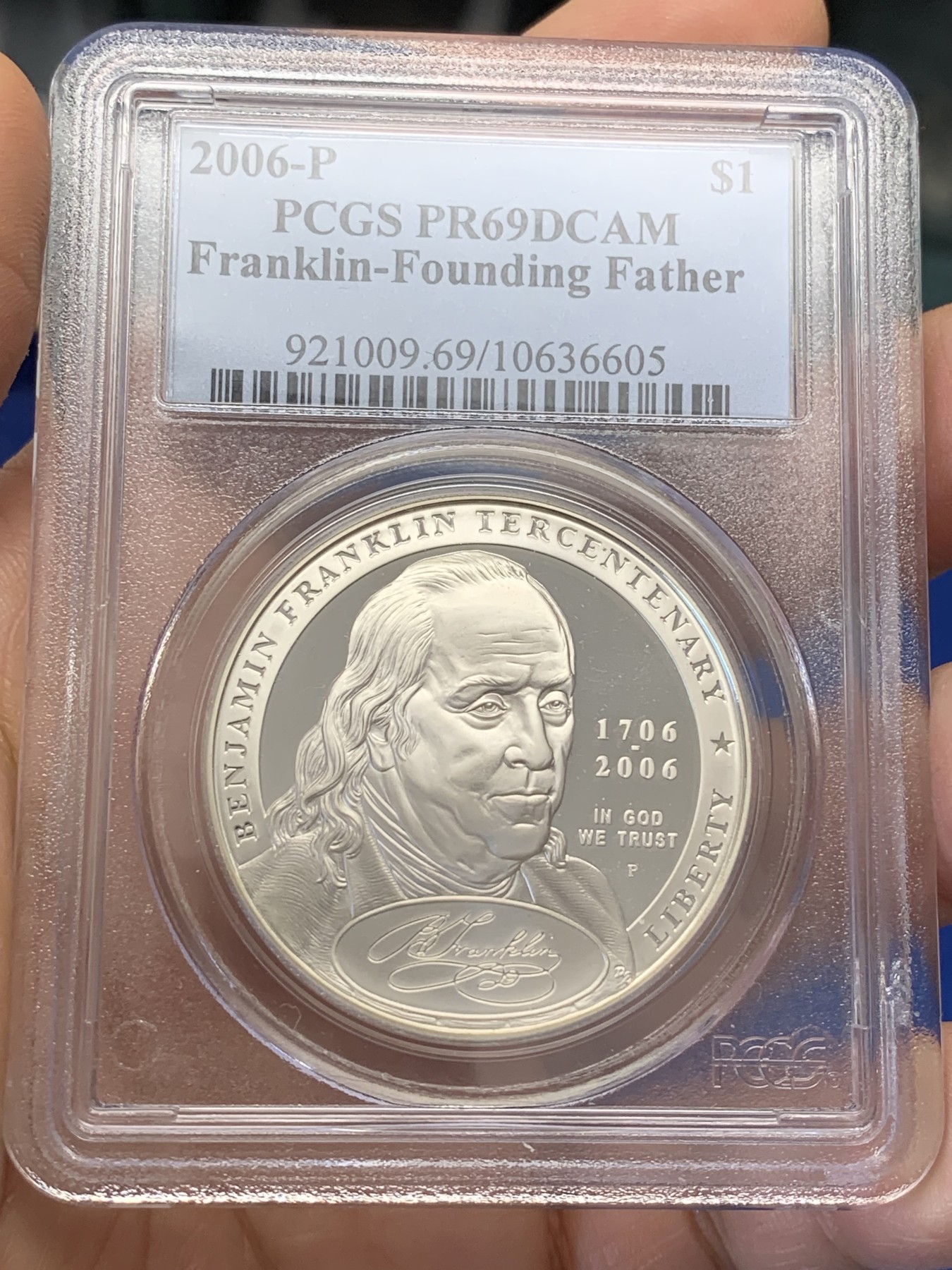 《竞宝斋》第223场-周日，周一 2场 (全场包邮) PCGS-PR69DC 2006年美国本杰明富兰克林国父300周年纪念银币，0.900银，26.73克