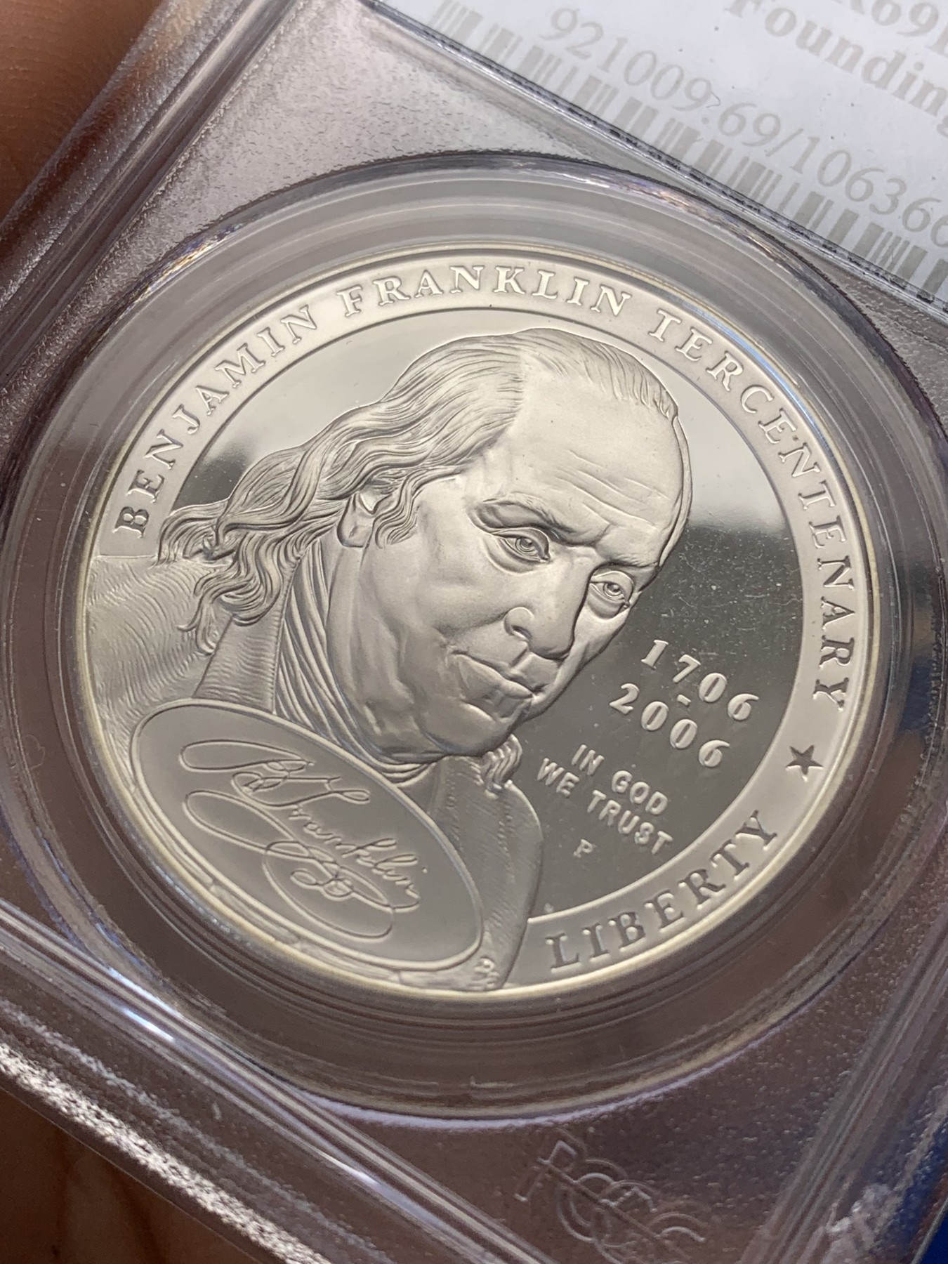 《竞宝斋》第223场-周日，周一 2场 (全场包邮) PCGS-PR69DC 2006年美国本杰明富兰克林国父300周年纪念银币，0.900银，26.73克
