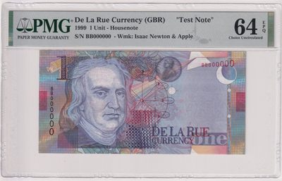 🌗乐淘淘世界纸币拍卖 第33期 测试钞专场🌓 英国德纳罗印钞公司1999年测试钞  牛顿 PMG64EPQ