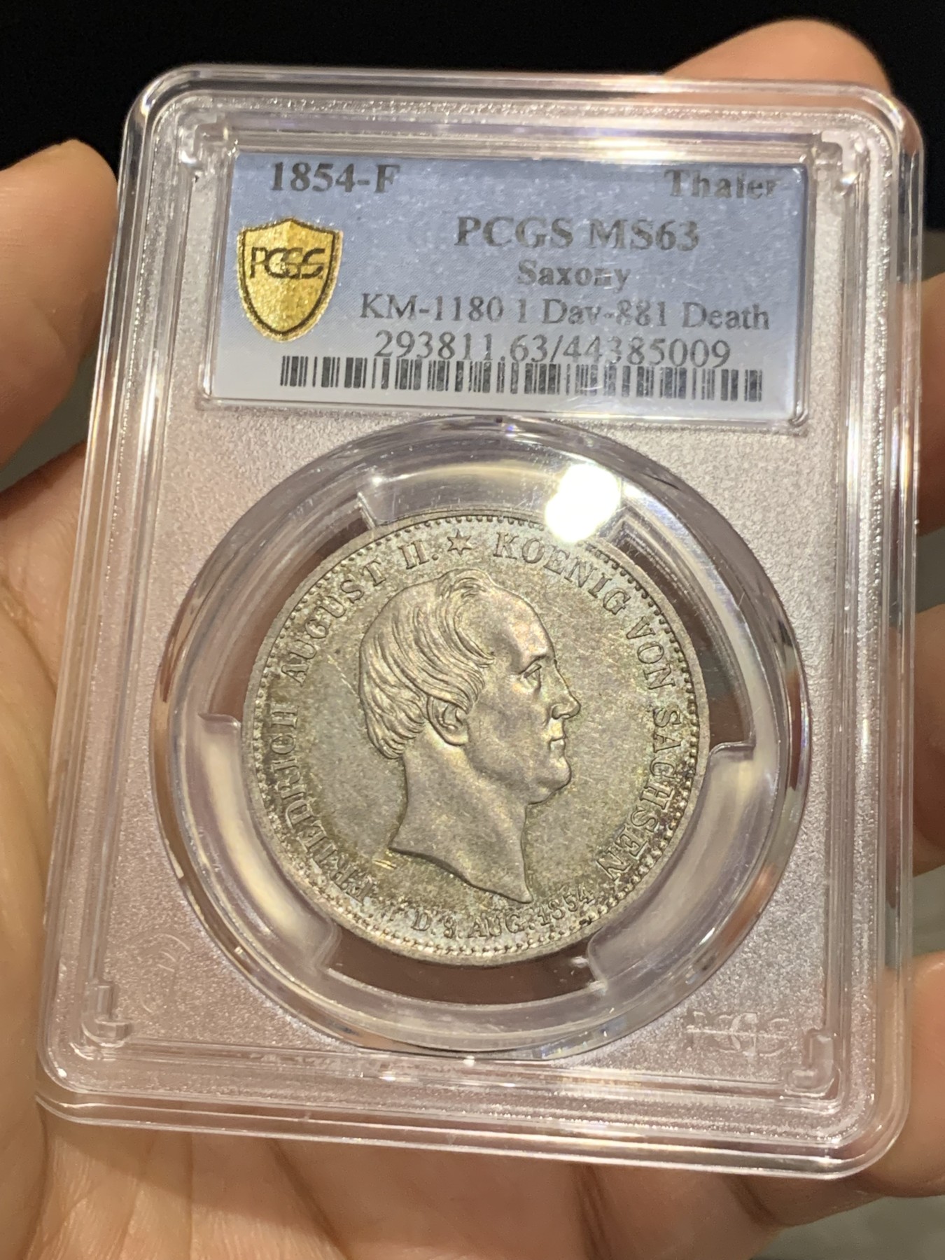 《竞宝斋》第223场-周日，周一 2场 (全场包邮) 亚军分 PCGS MS63 德国 萨克森 1854年 双神1泰勒大银币 枪灰色包浆 底板带光 舒服的状态