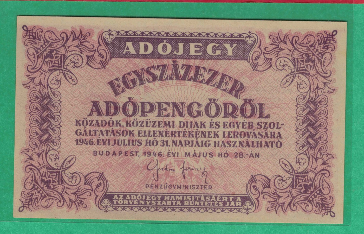 匈牙利1946年100000潘戈 P-144 灰色纸 无号码 有水印 欧洲纸币 实物图 UNC