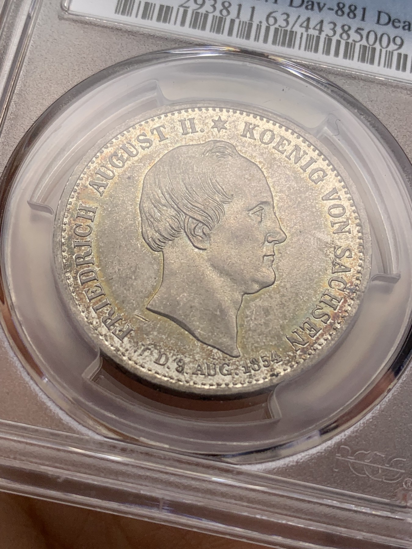 《竞宝斋》第223场-周日，周一 2场 (全场包邮) 亚军分 PCGS MS63 德国 萨克森 1854年 双神1泰勒大银币 枪灰色包浆 底板带光 舒服的状态