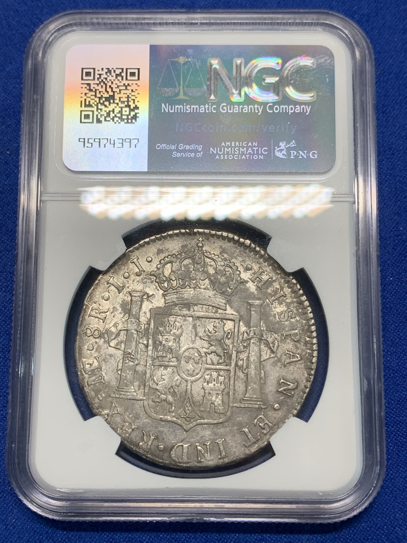 《竞宝斋》第223场-周日，周一 2场 (全场包邮) NGC AUD 西属秘鲁1794年卡洛斯四世双柱8R 小米戳 状态深打
