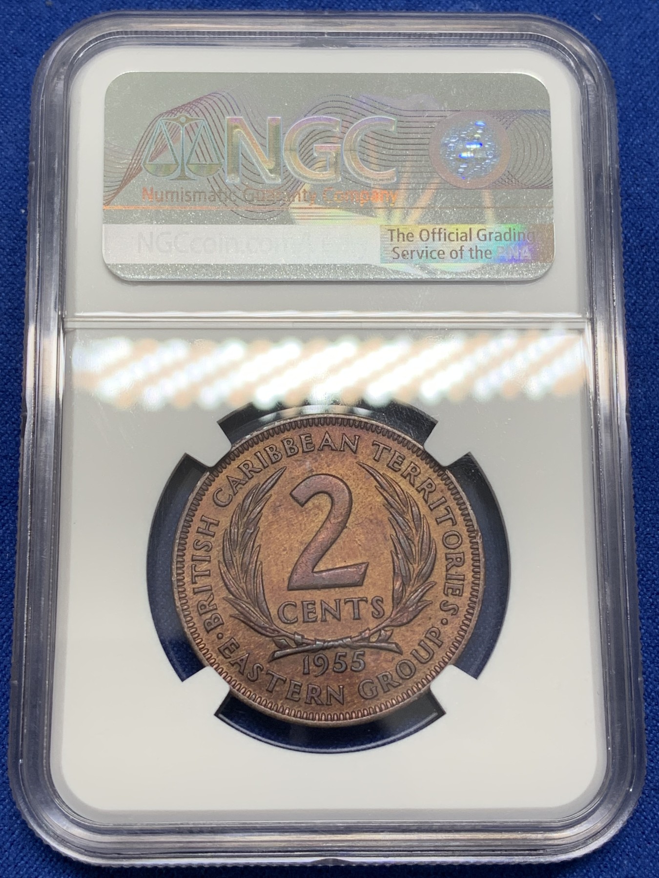 《竞宝斋》第223场-周日，周一 2场 (全场包邮) NGC AU58 1955年英属加勒比2C铜币