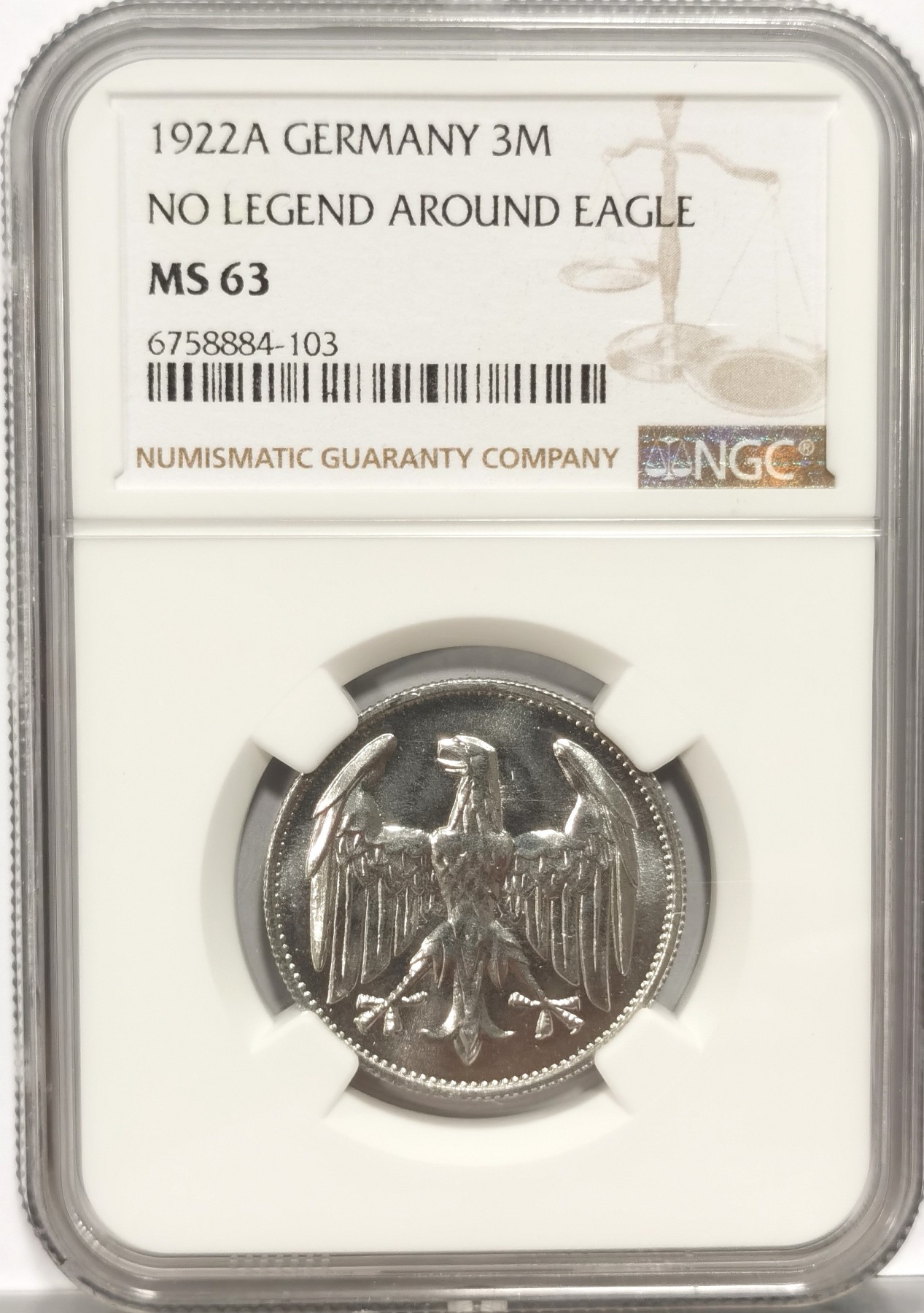 博洋堂世界钱币拍卖第056期（全场包邮） NGC MS63 德国魏玛共和国1922年无字版3马克铝币