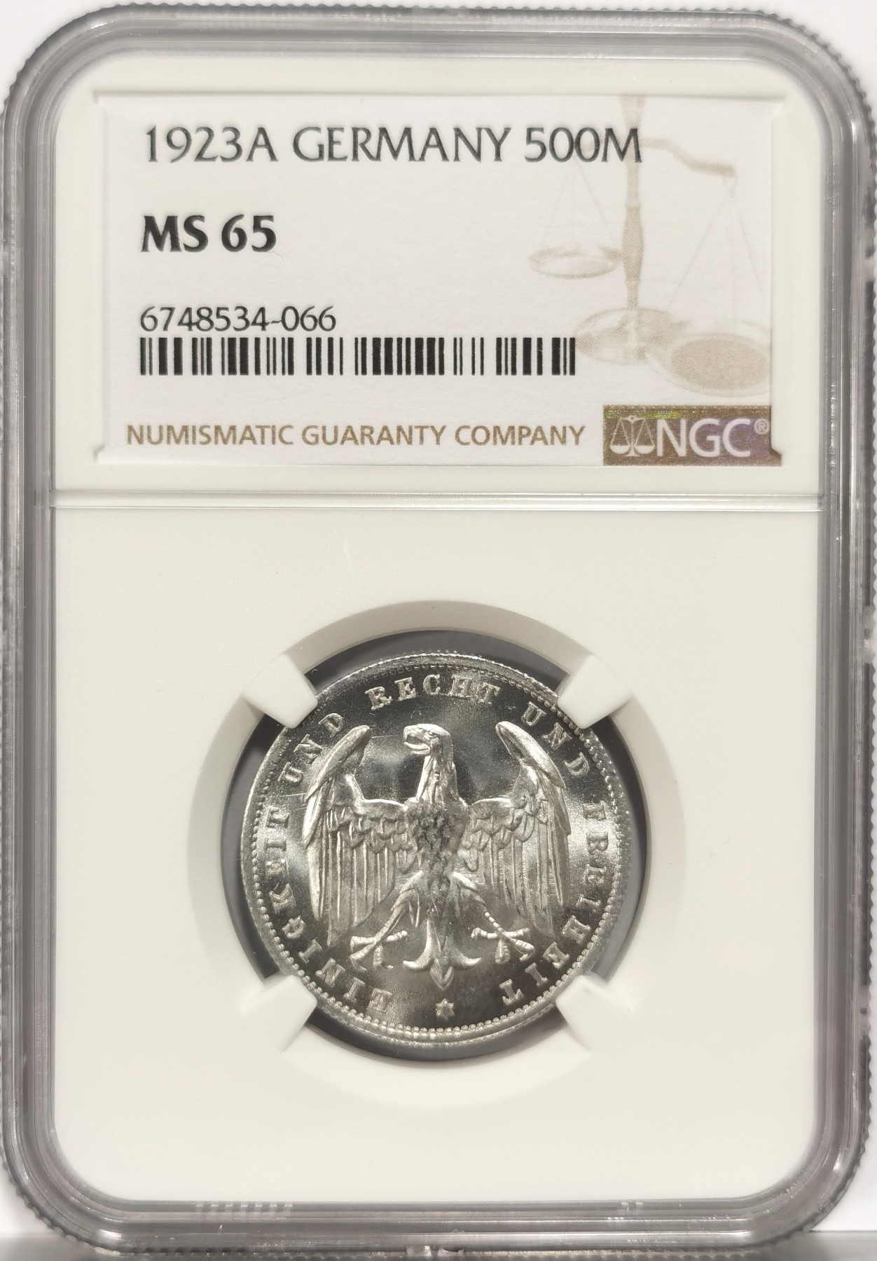 博洋堂世界钱币拍卖第056期（全场包邮） NGC MS65 德国魏玛共和国1923年500马克铝币