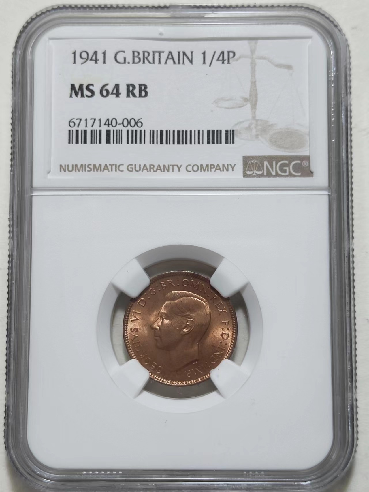 🎡物与斋第2场-德紧及欧洲回流钱币（0元起自动拍） NGC MS64RB 英国1941年乔治六世法新铜币