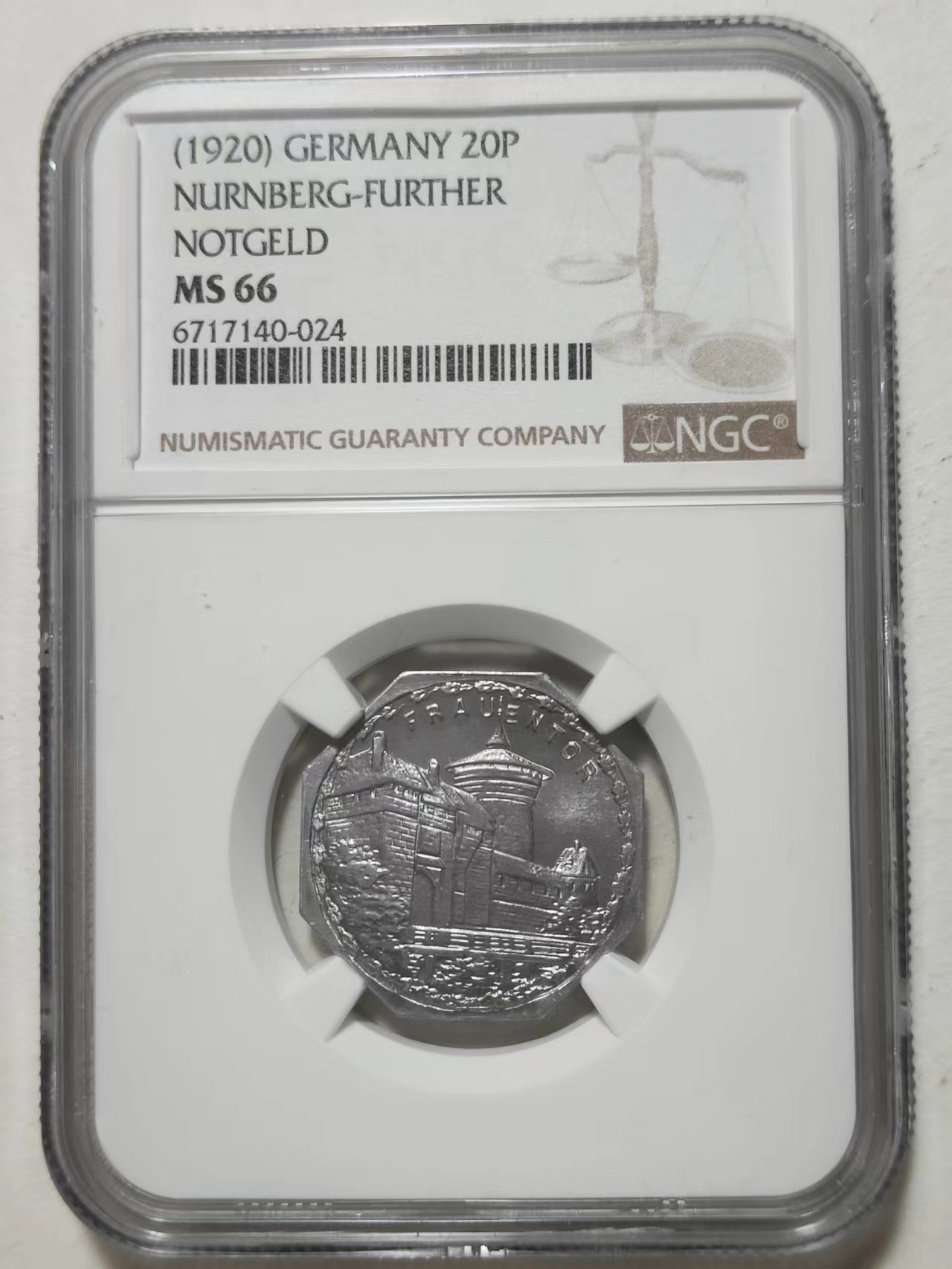 🎡物与斋第2场-德紧及欧洲回流钱币（0元起自动拍） NGC MS66 德国紧急状态硬币：纽伦堡电车代币20芬尼，顶级高分，完美品相，镜面底板