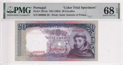 🌗乐淘淘世界纸币拍卖 第33期 测试钞专场🌓 - 葡萄牙1964年纸币 20埃斯库多 颜色测试样钞 PMG68EPQ