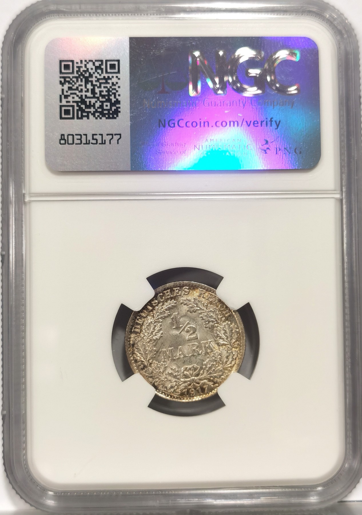 博洋堂世界钱币拍卖第056期（全场包邮） NGC MS65 德国第二帝国1917年D版1/2马克银币