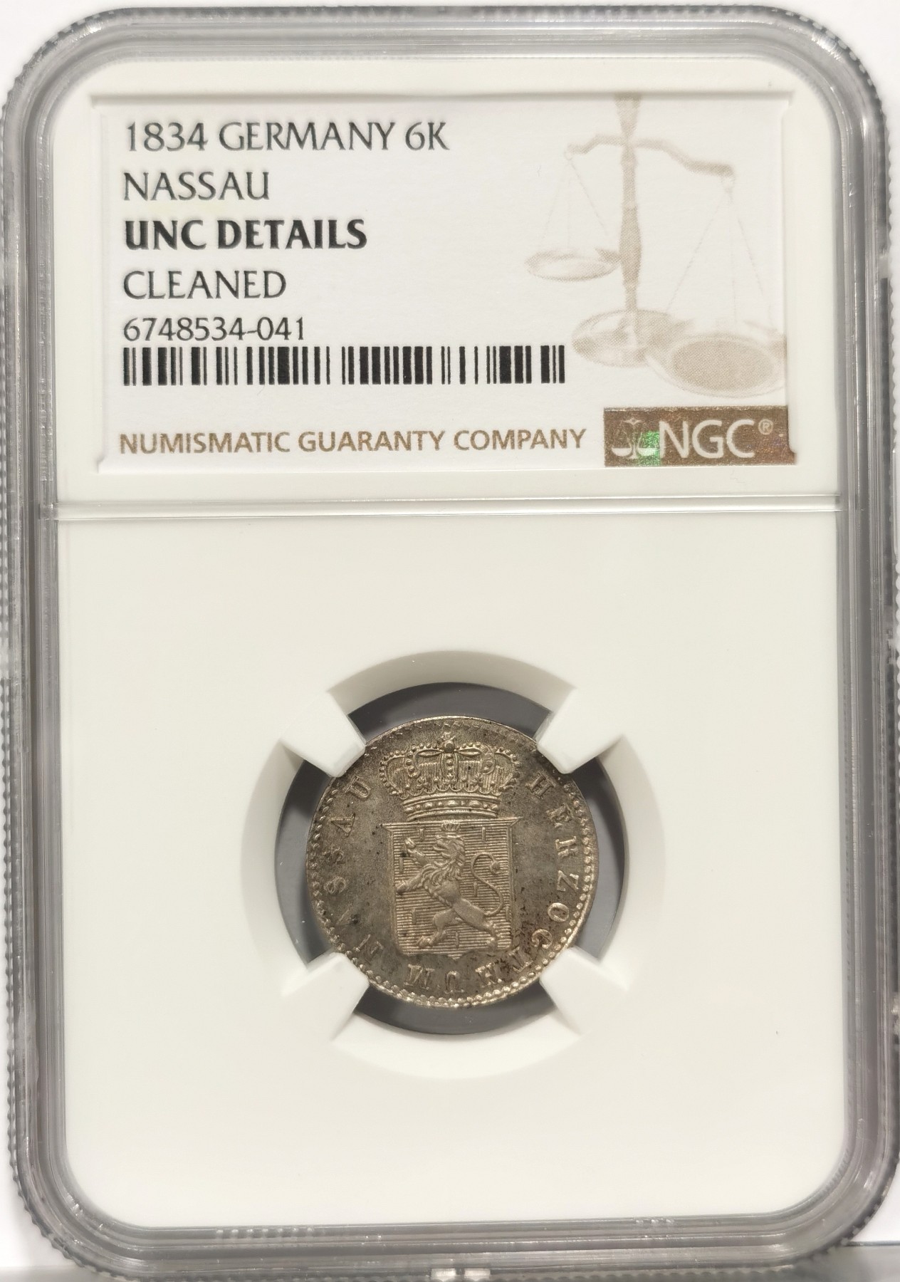 博洋堂世界钱币拍卖第056期（全场包邮） NGC UNC 德国拿骚1834年6克鲁泽银币