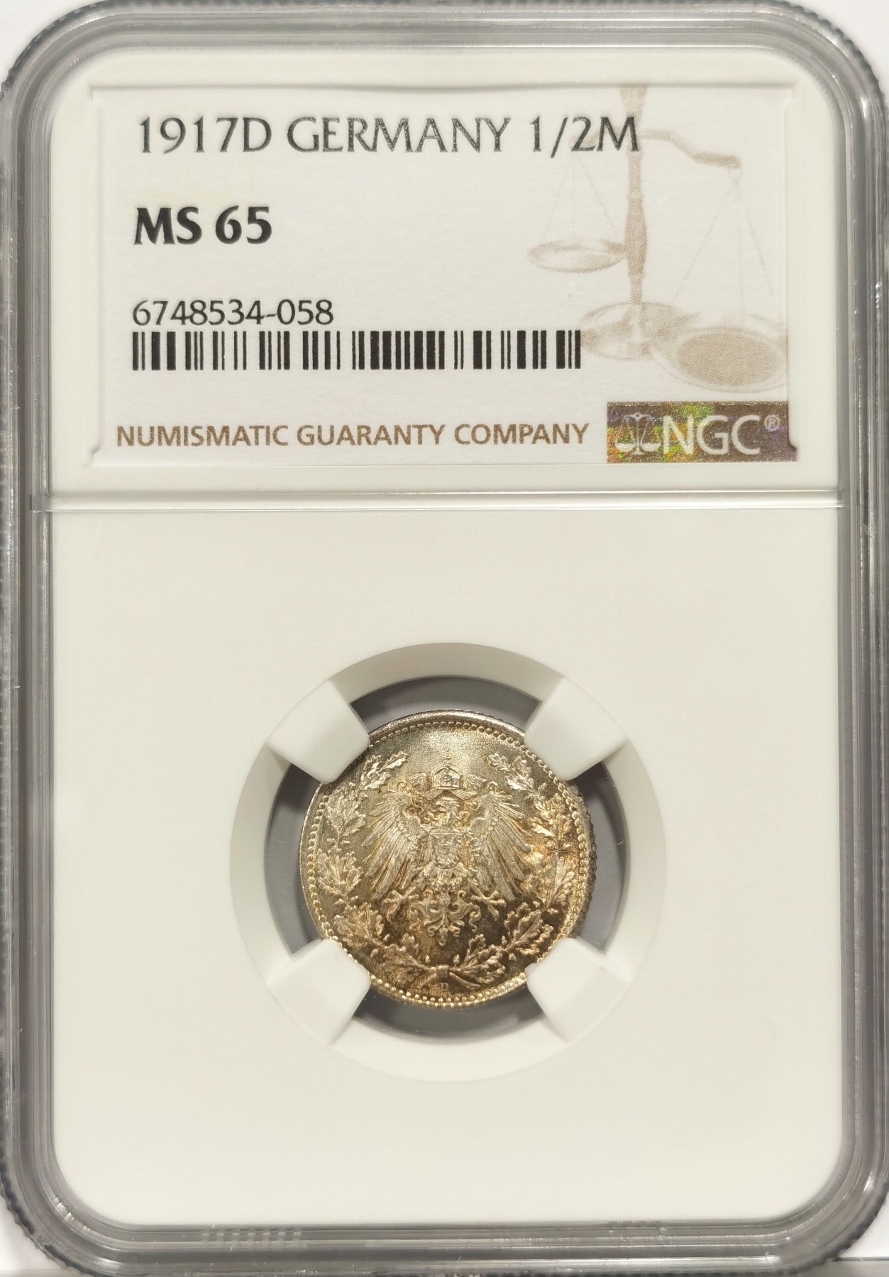 博洋堂世界钱币拍卖第056期（全场包邮） NGC MS65 德国第二帝国1917年D版1/2马克银币