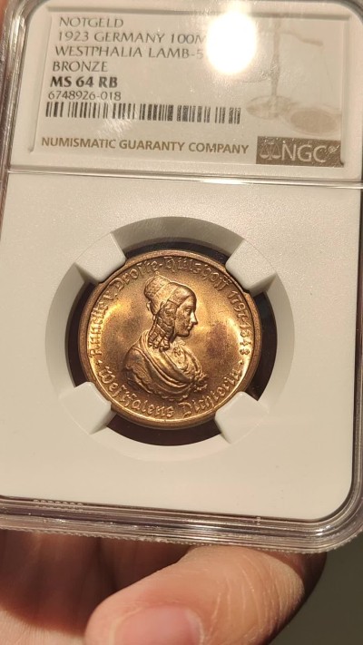 🎡物与斋第2场-德紧及欧洲回流钱币（0元起自动拍） NGC MS64RB 德国紧急状态硬币：威斯特法伦1923年100马克马币，底板镜面感强，背面少见酒红色包浆，足够自藏