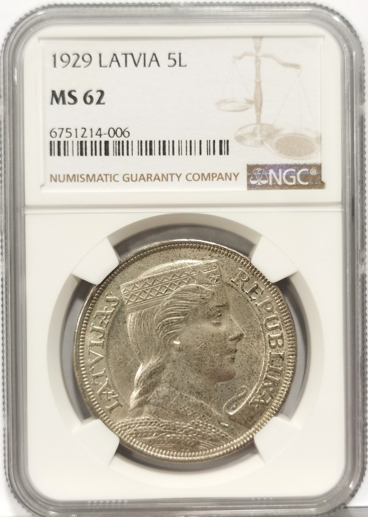 博洋堂世界钱币拍卖第056期（全场包邮） NGC MS62 拉脱维亚1929年少女5拉特银币