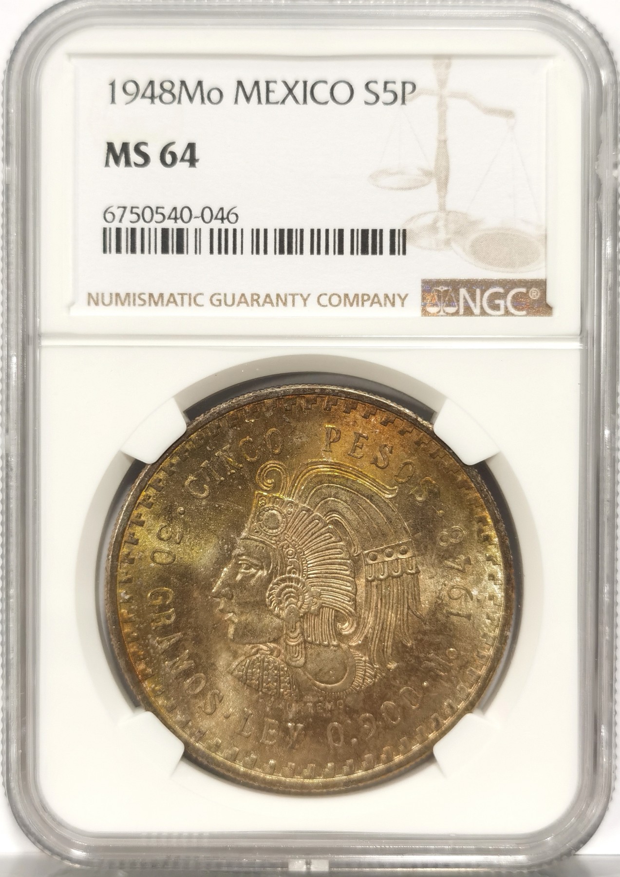 博洋堂世界钱币拍卖第056期（全场包邮） NGC MS64 墨西哥1948年玛雅人5比索大银币