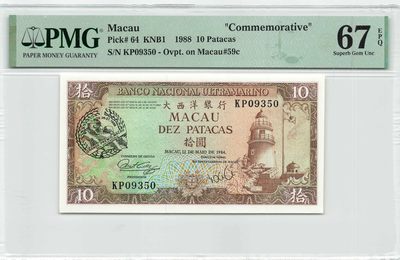 小福收藏拍卖第144期 评级币精选场 本期有梅立安 阿联酋1000迪拉姆纪念钞补号冠军分 首发年大蜥蜴 澳门赛车纪念钞 塞舌尔500卢比冠军分 越南劝降券 马丁割袍 克拉拉 北爱尔兰 匈牙利 丹麦 克罗地亚 朝鲜等各种高分珍稀老钞精品 - 澳门大西洋银行 1988年 10元 赛车纪念钞 无47 千位号 PMG67 EPQ 亚军分