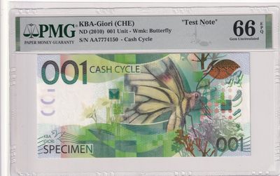 🌗乐淘淘世界纸币拍卖 第33期 测试钞专场🌓 瑞士高宝KBA公司2010年测试钞 蝴蝶毛毛虫 PMG66EPQ