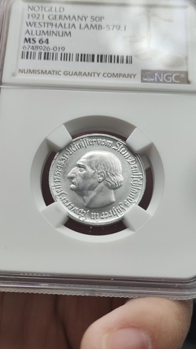 🎡物与斋第2场-德紧及欧洲回流钱币（0元起自动拍） NGC MS64 德国紧急状态硬币：威斯特法伦1921年50芬尼马币，凑套必备，足够自藏