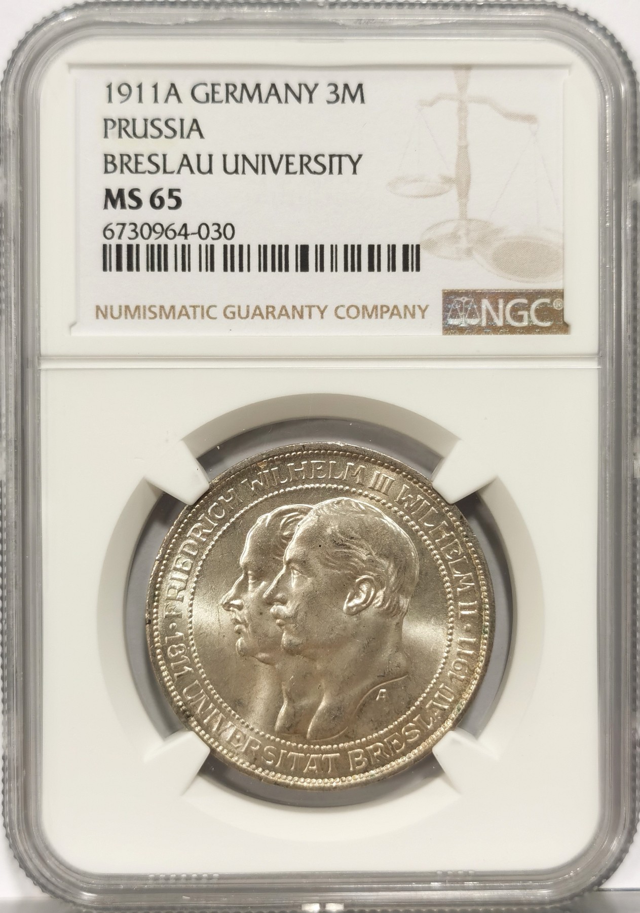 博洋堂世界钱币拍卖第056期（全场包邮） NGC MS65 德国普鲁士1911年布雷斯劳大学3马克纪念银币