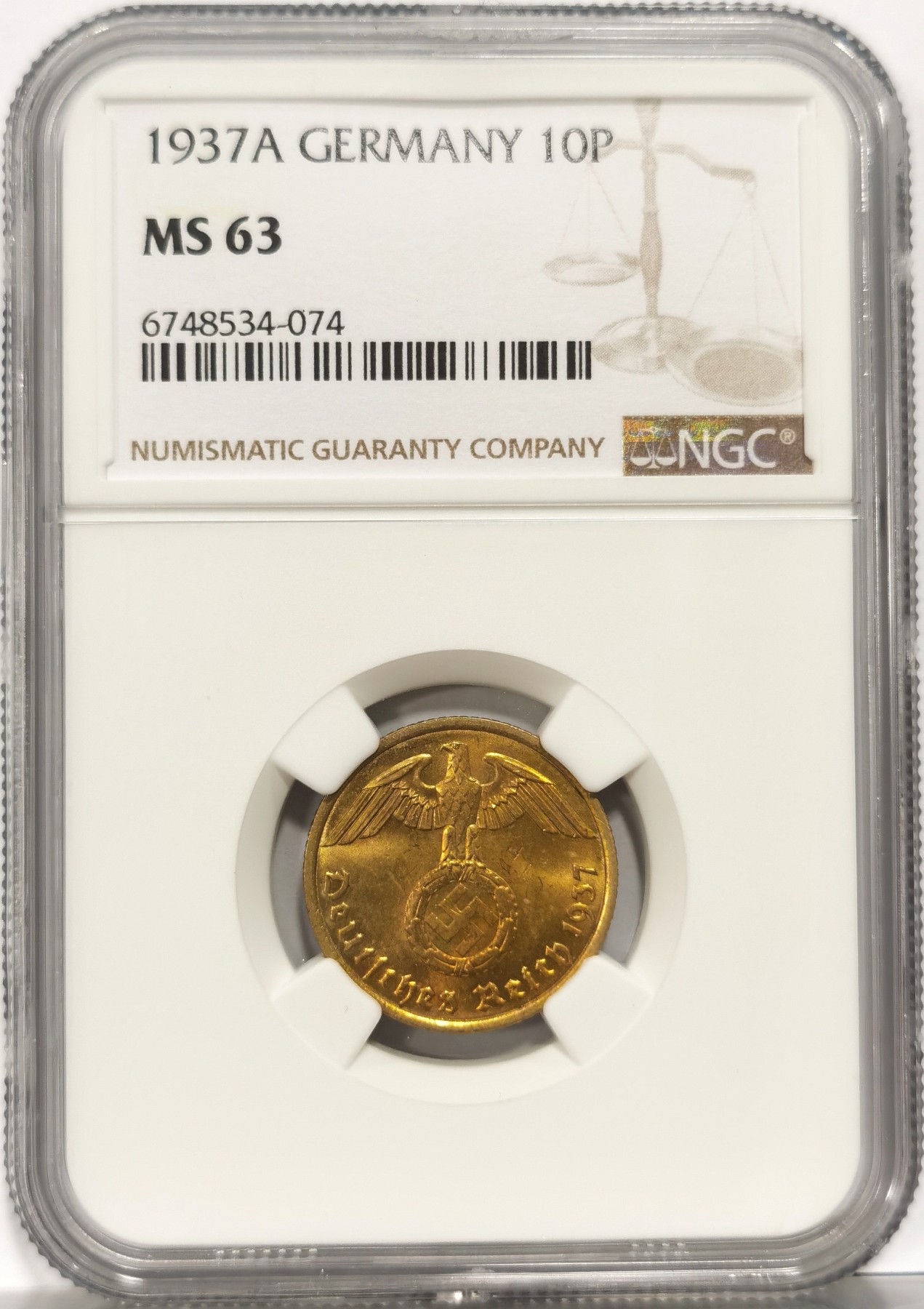 博洋堂世界钱币拍卖第056期（全场包邮） NGC MS63 德国第三帝国1937年A版10芬尼铜币