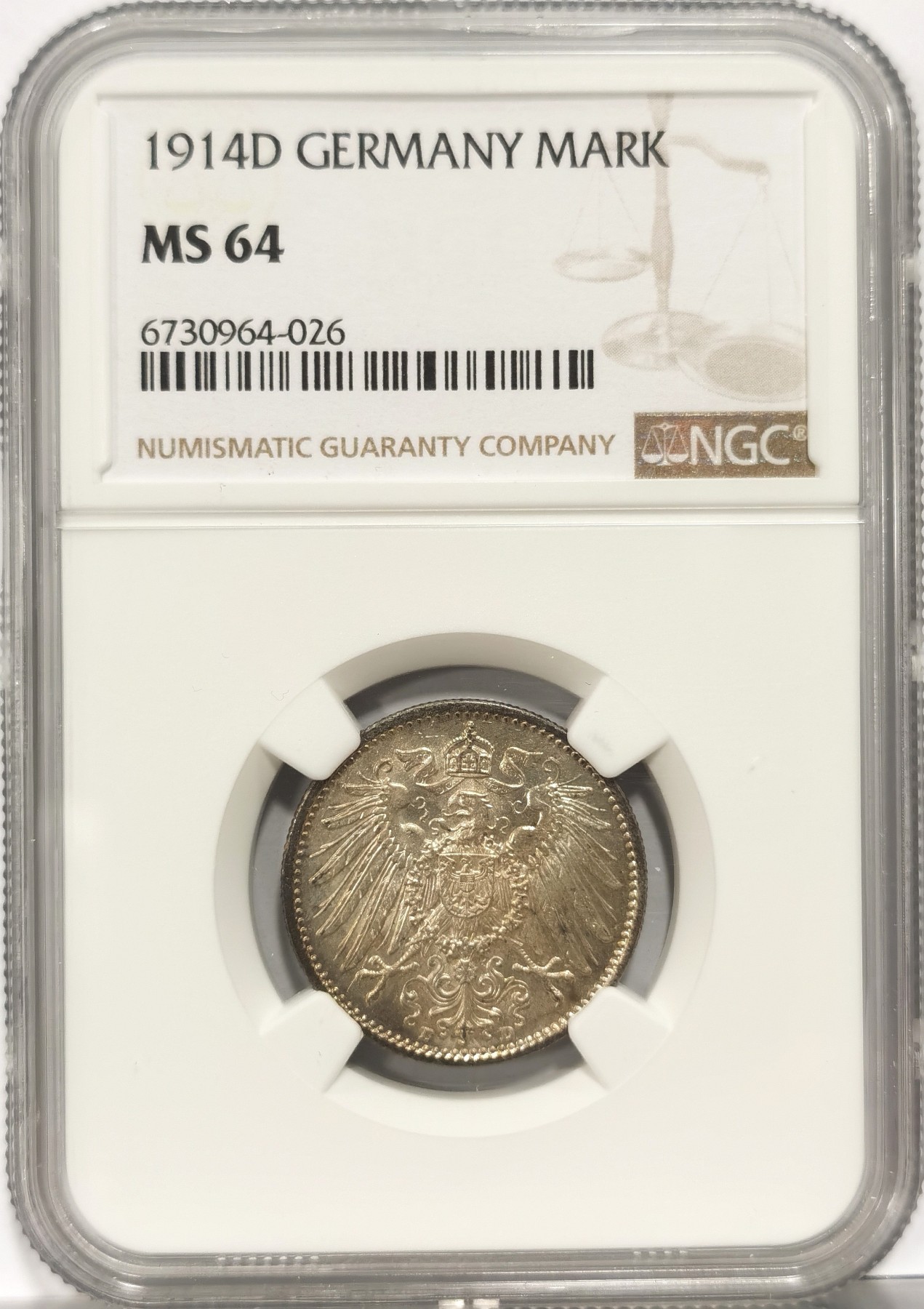 博洋堂世界钱币拍卖第056期（全场包邮） NGC MS64 德国第二帝国1914年D版1马克银币