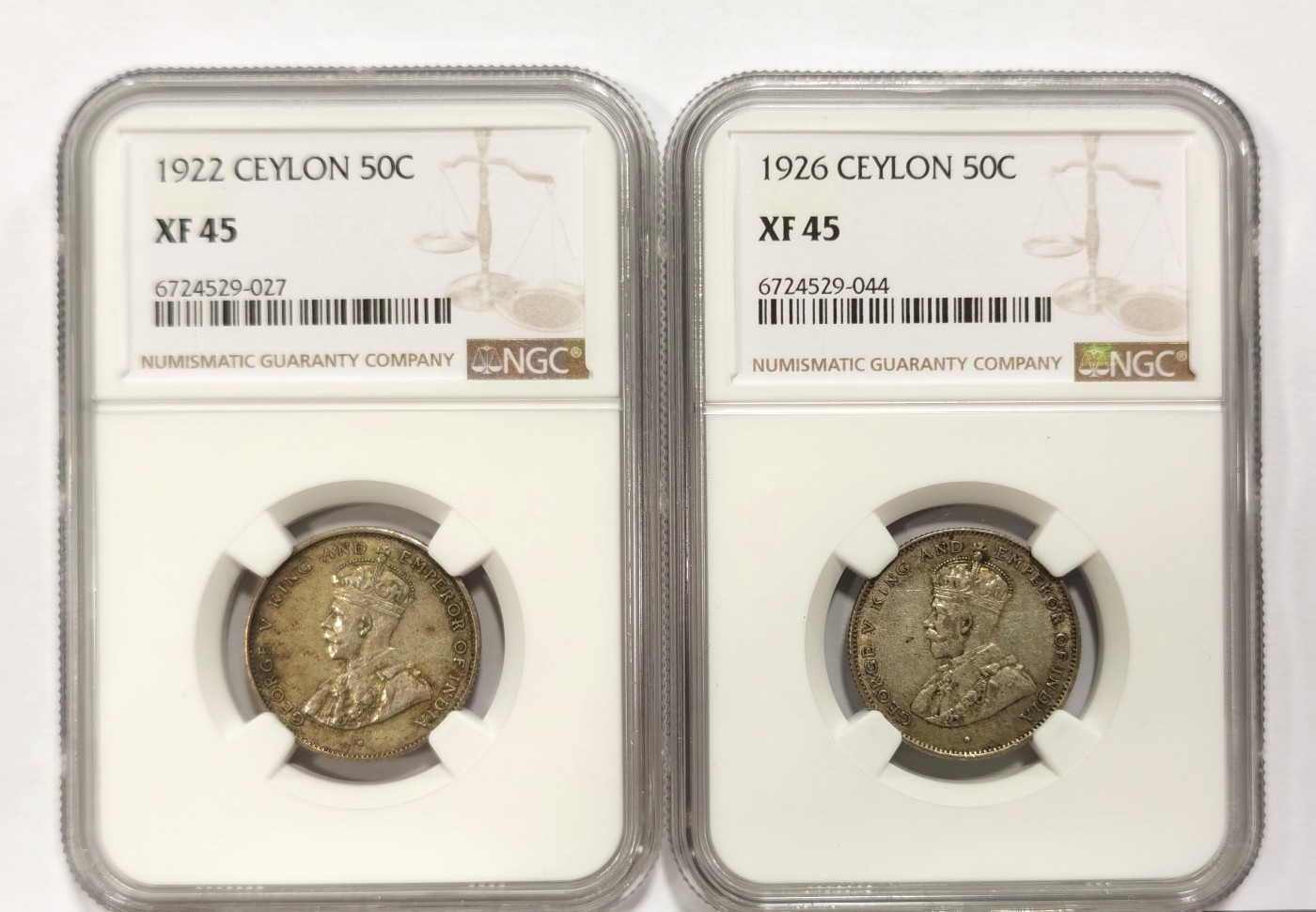 博洋堂世界钱币拍卖第140期（全场包邮） NGC XF45 英属锡兰1922/26年乔治五世50分二枚一对