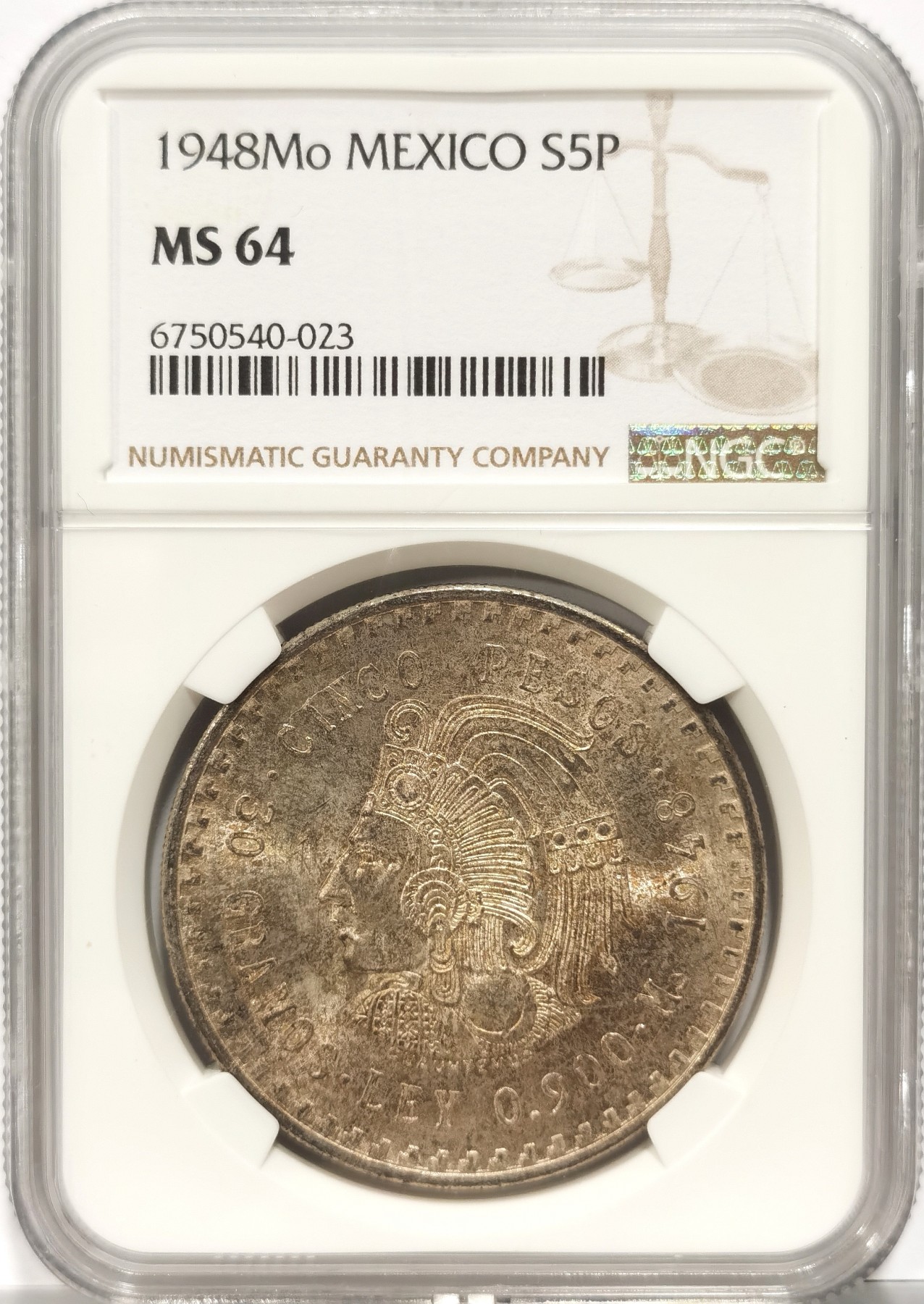 博洋堂世界钱币拍卖第056期（全场包邮） NGC MS64 墨西哥1948年玛雅人5比索大银币