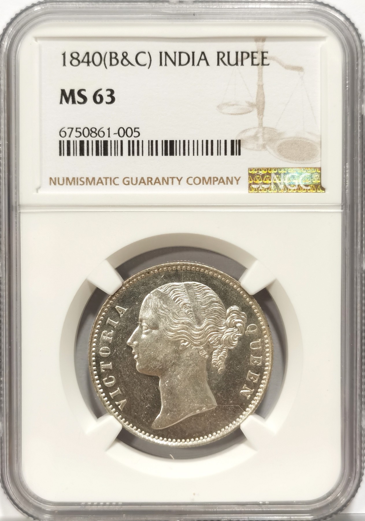 博洋堂世界钱币拍卖第056期（全场包邮） NGC MS63 英属东印度公司1840年B&C版维多利亚1卢比银币，双辫版2