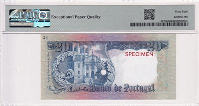 🌗乐淘淘世界纸币拍卖 第33期 测试钞专场🌓 葡萄牙1964年纸币 20埃斯库多 颜色测试样钞 PMG68EPQ