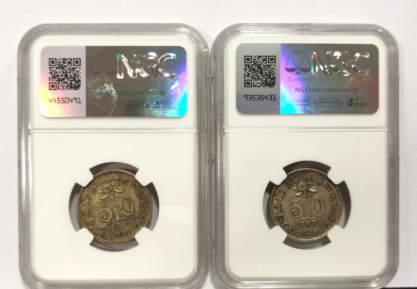博洋堂世界钱币拍卖第140期（全场包邮） NGC XF45 英属锡兰1922/26年乔治五世50分二枚一对