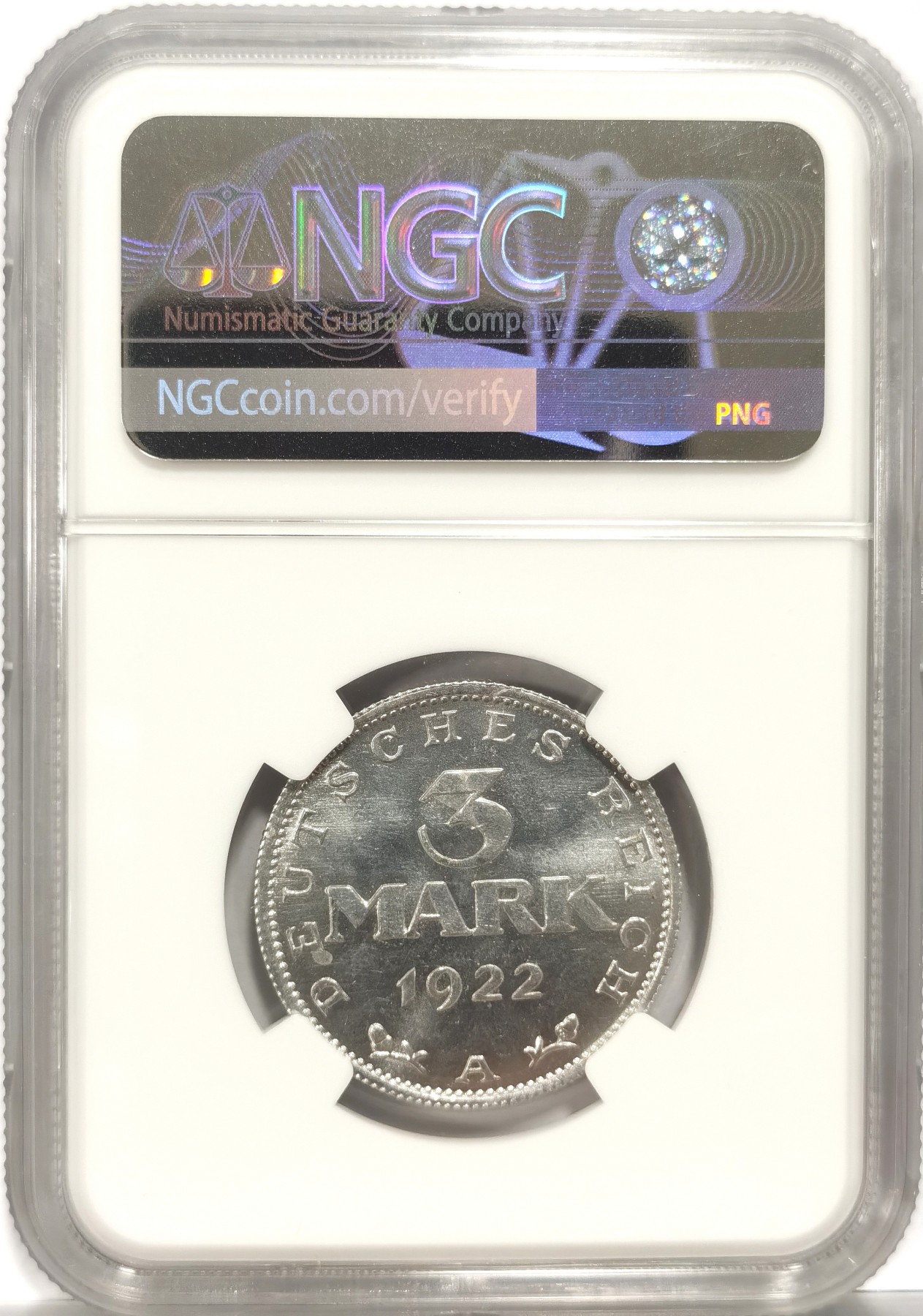 博洋堂世界钱币拍卖第056期（全场包邮） NGC MS63 德国魏玛共和国1922年无字版3马克铝币