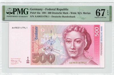 小福收藏拍卖第144期 评级币精选场 本期有梅立安 阿联酋1000迪拉姆纪念钞补号冠军分 首发年大蜥蜴 澳门赛车纪念钞 塞舌尔500卢比冠军分 越南劝降券 马丁割袍 克拉拉 北爱尔兰 匈牙利 丹麦 克罗地亚 朝鲜等各种高分珍稀老钞精品 - 德国 1991年 500马克 首年份 首冠AA冠 梅里安 PMG67 EPQ 季军分