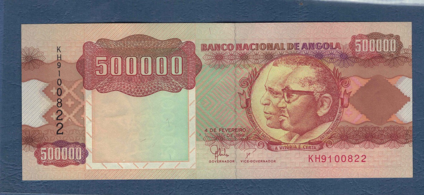 安哥拉1991年(1994年)500000(50万)宽扎 无47 22双尾 P-134 非洲纸币 实物图 UNC
