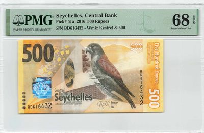 小福收藏拍卖第144期 评级币精选场 本期有梅立安 阿联酋1000迪拉姆纪念钞补号冠军分 首发年大蜥蜴 澳门赛车纪念钞 塞舌尔500卢比冠军分 越南劝降券 马丁割袍 克拉拉 北爱尔兰 匈牙利 丹麦 克罗地亚 朝鲜等各种高分珍稀老钞精品 - 塞舌尔 2016年 500卢比 红隼 尾顺子432 PMG68 EPQ 冠军分！！！