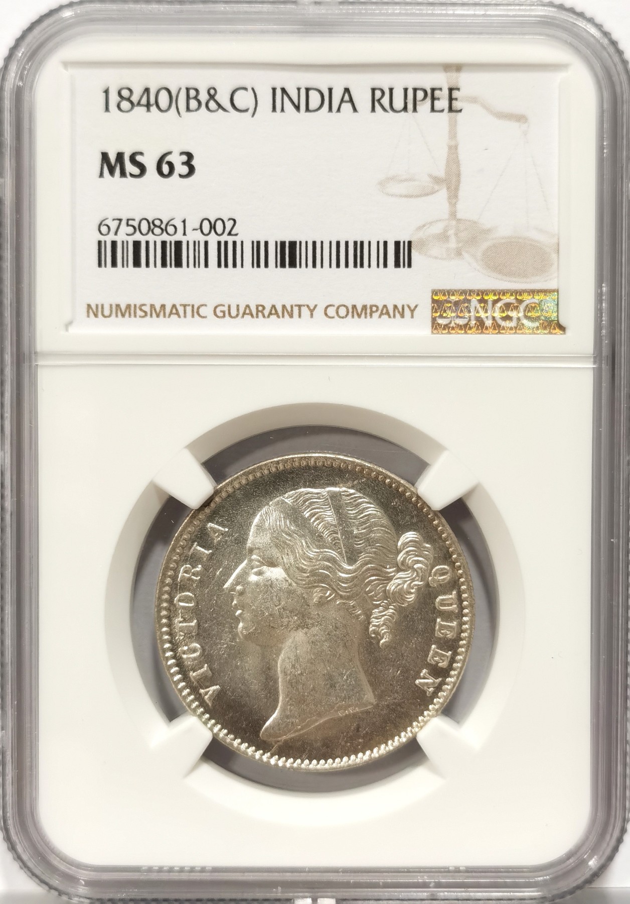 博洋堂世界钱币拍卖第056期（全场包邮） NGC MS63 英属东印度公司1840年B&C版维多利亚1卢比银币，双辫版1