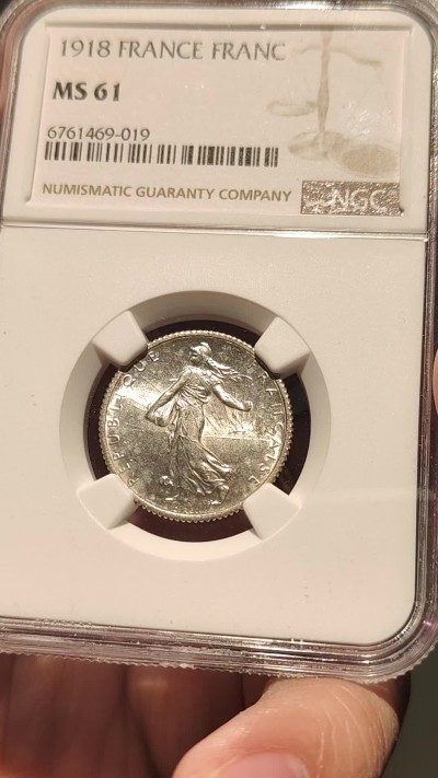 🎡物与斋第2场-德紧及欧洲回流钱币（0元起自动拍） NGC MS61 法国1918播种女神银币，转光强烈，个人感觉低评