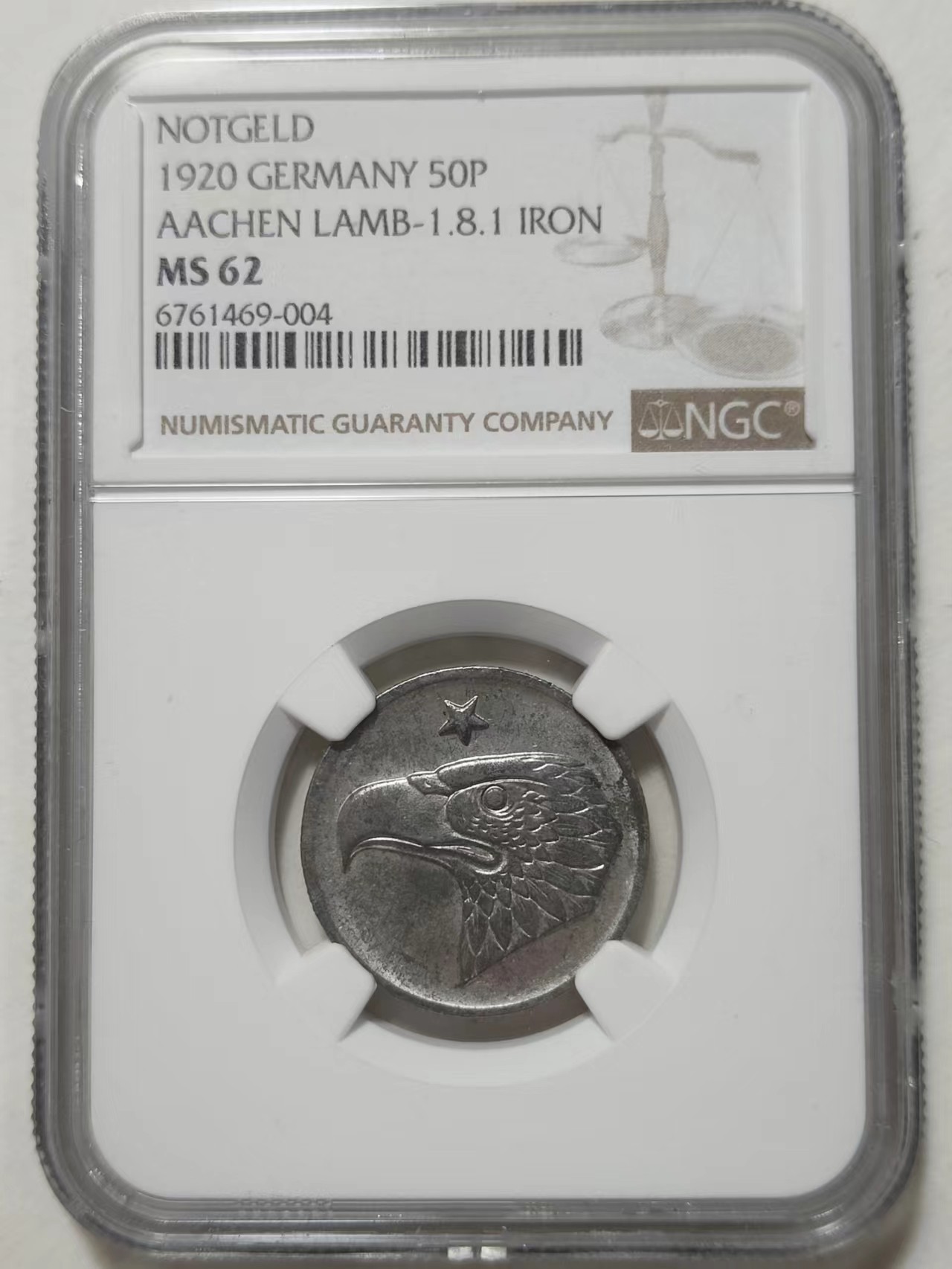 🎡物与斋第2场-德紧及欧洲回流钱币（0元起自动拍） NGC MS62 德国紧急状态硬币：亚琛1920年鹰头50芬尼，德紧标杆经典品种，铁币原光闪闪，个人认为略低评